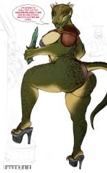 2d absurd_res anthro armor ass band1tnsfw bethesda_softworks big_breasts big_butt bra breasts clothing dagger deeja dialogue dovahkiin english_text farkas female footwear harness hi_res high_heels holding_dagger holding_object holding_weapon i'm_stuff leather leather_harness leather_straps lizard looking_back melee_weapon meme_reference mule_heels panties platform_footwear platform_heels reptile scales scalie scalie_female scalie_only sheeeeeeeeeeeeeeeeeeesshh solo tail text the_elder_scrolls thick_thighs underwear video_games weapon