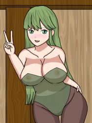 1girls :d bare_shoulders blush breasts cleavage female female_only fire_emblem fire_emblem:_mystery_of_the_emblem fire_emblem:_shadow_dragon_and_the_blade_of_light green_eyes green_hair kenchu large_breasts leotard long_hair looking_at_viewer nintendo nipples open_mouth palla_(fire_emblem) pantyhose pussy see-through shoulders smile solo thighs v very_long_hair