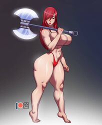 1girls areola areolae artist_name axe barefoot big_breasts busty erza_scarlet fairy_tail feet female female_only gabocaricaturas hips hourglass_figure huge_breasts large_breasts legs light-skinned_female light_skin lips long_hair mage mature mature_female nipples no_bra red_hair solo thick thick_legs thick_thighs thighs topless topless_female voluptuous watermark weapon wide_hips