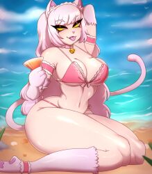 1girls absurd_res beach bell_collar big_eyelashes bikini cat_ears cat_tail catgirl female female_only inkbuns kneeling long_hair looking_at_viewer narrowed_eyes original pink_hair seaside smiling_at_viewer solo solo_female tail thick_thighs tongue_out yellow_eyes