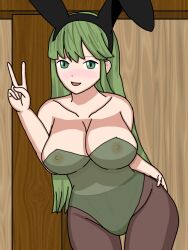 1girls :d alternate_costume bare_shoulders blush breasts bunny_ears bunny_girl bunnysuit cleavage female female_only fire_emblem fire_emblem:_mystery_of_the_emblem fire_emblem:_shadow_dragon_and_the_blade_of_light green_eyes green_hair kenchu large_breasts leotard long_hair looking_at_viewer nintendo nipples open_mouth palla_(fire_emblem) pantyhose pussy see-through shoulders smile solo thighs v very_long_hair