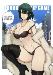 1girls bangs bare_shoulders belly belly_button big_breasts bob_cut boots bra breasts cleavage clothed clothing coat curvaceous curvy curvy_body curvy_female curvy_figure dark_green_hair dialogue english_text eye_contact eyelashes female female_focus female_only fringe fubuki_(one-punch_man) fur_coat green_eyes green_hair heel_boots heels high_boots high_heel_boots hips hourglass_figure jewelry leg_lift leg_up legs light-skinned_female light_skin lips lipstick looking_at_viewer medium_hair midriff nails navel necklace one-punch_man panties part_2 redjet shiny_skin short_hair slim slim_waist smile smiling smiling_at_viewer solo solo_female solo_focus speech_bubble stomach strap_slip strip_game striped teasing text thick thick_legs thick_thighs thigh_boots thin_waist toned toned_body toned_female toned_stomach underwear undressing voluptuous waist wide_hips