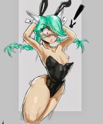 ! 1girls aged_up annie_(skullgirls) areolae blush breasts bunnysuit doodle flat_chest flat_chested leotard long_hair nipples skullgirls small_breasts solo surprised thick_thighs thighs tillshitposting twin_braids