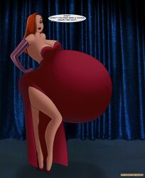 1girls belly big_belly bimbo disney dress ergos female high_heels huge_belly hyper hyper_belly jessica_rabbit looking_at_viewer obese_female text who_framed_roger_rabbit