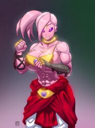 1girls 5_fingers abs areola areolae broly_(cosplay) circlet clothing demon demon_girl dragon_ball dragon_ball_xenoverse female female_majin gabocaricaturas humanoid majin monster monster_girl nipples no_bra original_character partially_clothed pink_body pink_hair pink_skin purple_eyes tentacle_hair topless topless_female watermark wide_hips