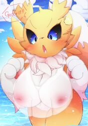 1girls anthro beach blue_eyes blush digimon female female_only fur hinata_sakamoto inverted_nipples looking_at_viewer nipples open_mouth outside partially_clothed paws renamon see-through_clothing solo standing sweat tail text white_fur yellow_fur