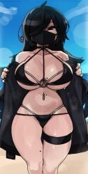 1girls 2022 ahoge ana_(zanamaoria) beach beauty_mark bikini black_bikini black_hair blush breasts choker female female_only hair_over_one_eye hips huge_breasts light-skinned_female light_skin long_hair looking_at_viewer mask mole_on_breast mole_on_neck mole_on_shoulder mole_on_thigh o-ring o-ring_bikini open_clothes original original_character outdoors red_eyes shiny_skin slim_waist thick_thighs thigh_strap thighs undressing wide_hips zanamaoria