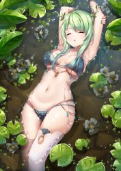 arms_behind_head arms_up artist_request beauty_mark bikini bikini_bottom bikini_top ceres_fauna closed_eyes green_hair hi_res higher_resolution_duplicate hololive hololive_english hololive_english_-council- hololive_english_-promise- horns in_water lily_pad medium_breasts nature_background on_back pond single_thighhigh virtual_youtuber