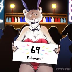 1:1 69_(number) anthro band1tnsfw big_breasts bow_tie breasts bunny_costume clothing collar costume crowd digital_drawing_(artwork) digital_media_(artwork) fake_ears fake_rabbit_ears felid female glitter group half-length_portrait hi_res holding_object holding_sign lion mammal milestone_celebration number pantherine portrait sign silhouette smile smiling_at_viewer solo thick_thighs