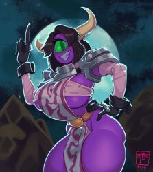 1girls armwear black_hair cyclops female female_only full_moon gattles gloves green_eyes hand_on_hip horns loincloth looking_at_viewer medium_hair night purple_skin sideboob smiling_at_viewer solo solo_female teeth_showing thick_thighs topwear