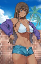 1girls 2022 bikini blue_choker blue_eyes blue_shorts blue_sky breasts brown_hair choker cloud dark-skinned_female dark_skin day earrings female female female_only hai_ookami jacket jewelry large_breasts long_hair looking_at_viewer navel open_fly open_mouth original outdoors purple_jacket shorts sky solo solo_female swimsuit white_bikini