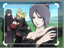 1girls 3boys akatsuki_(naruto) akatsuki_uniform black_hair blonde_hair blood blue_hair breasts camera camera_view cleavage deidara female female_focus fighting konan kunoichi multiple_boys naruto naruto_(series) naruto_shippuden ninja no_bra nosebleed off_shoulder outdoors piercing pose posing red_hair sasori seducing seductive seductive_pose shounen_jump uchiha_itachi