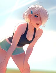 1girls audi_(tsuaii) bent_over blonde_female blonde_hair blue_eyes cleavage female_only female_solo hands_on_knees one_eye_obstructed original original_character sfw solo_female solo_focus sports_bra sportswear sweat tsuaii