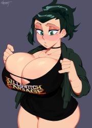 1girls band_logo beauty_mark big_breasts bottomless breasts busty choker cleavage clothing commission female female_only giantess green_eyes green_hair hi_res huge_breasts jacket kaya_(kayochuuuu) killswitch_engage large_breasts looking_at_viewer metalhead nezulet original original_character ponytail shirt solo solo_female t-shirt thick_thighs torn_clothes wardrobe_malfunction wide_hips