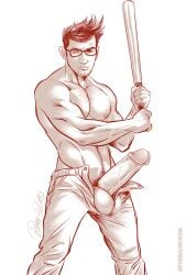 1boy baseball_bat class_comics erect_penis erection glasses male male_focus male_only pants_only patrick_fillion penis_out solo solo_male