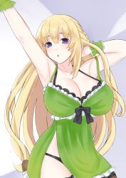 1girls armpits arms_up bare_shoulders big_breasts black_panties black_ribbon blue_eyes bra breasts dress eyebrows_visible_through_hair facing_viewer female female_only goddess green_heart huge_breasts large_breasts light-skinned_female light_skin long_hair looking_at_viewer neptunia_(series) pale-skinned_female pale_skin panties raised_arm ribbon skimpy_clothes skimpy_dress sleeveless_dress solo thighhighs vert video_games white_skin wide_hips yellow_hair zatsu