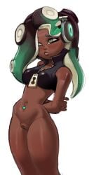 1girls arms_behind_back bottomless capy_diem crop_top dark-skinned_female dark_skin female female_only hair_over_one_eye marina_(splatoon) nintendo octoling piercing pout pouting pussy solo splatoon stomach_piercing tentacle_hair thick_thighs