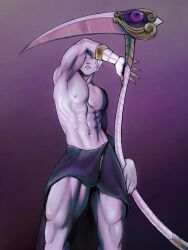 bare_chest bolloxxxz cloth hades_(game) looking_at_viewer male male_only muscles muscular muscular_male partially_clothed scythe silver_hair thanatos_(hades) thick_thighs twunk