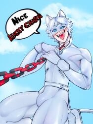 adrien_agreste bolloxxxz bulge cat_blanc cat_noir chains clothed dialogue drooling leash male male_only miraculous_ladybug muscles muscular muscular_male tagme teen_boy tongue tongue_out