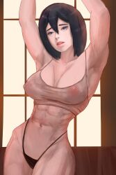 1girls abs alternate_version_available armpits artist_request attack_on_titan bra breasts bricc female female_only mikasa_ackerman muscle muscle_tone muscles muscular muscular_female muscular_thighs nipples_visible_through_clothing short_hair solo thick_thighs thong wide_hips