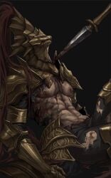 1boy abs armor bare_chest bare_midriff black_background blood dark_souls defeated dragon_slayer_ornstein fromsoftware helmet knight male male_focus male_only muscular muscular_male solo_focus torn_clothes tworain4 weapon