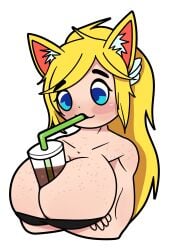 animal_ears areolae blonde_hair blue_eyes breasts cat_ears cat_tail catgirl drink drinks hopelessbay_ huge_breasts indie_virtual_youtuber large_breasts light-skinned_female light_skin nekomimi nipples object_between_breasts sipping thor_chan virtual_youtuber vrchat