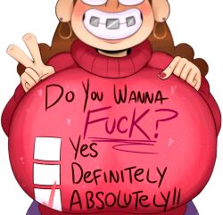 1girls aged_up blush braces breasts brown_hair disney female gravity_falls huge_breasts inviting_to_sex large_breasts long_hair looking_at_viewer mabel_pines ota_(artist) smile smooth_skin sparkles sweater v