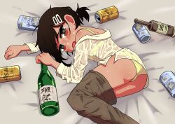 1girls alcohol alcohol_bottles ass black_hair bottles chainsaw_man crying drunk female female_focus female_only higashiyama_kobeni panties pants pants_down shihaitan short_hair solo solo_female sweat tears