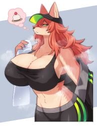 big_breasts black_clothing black_coat black_hat black_legwear black_nose black_sports_bra blue_background breasts female furry green_eyes green_hat green_stripes hat leggings legwear long_hair red_body red_fur red_hair redhead simple_background sports_bra sweat sweatdrop sweating tagme thighs towel white_towel yamame513