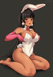 1girls 2022 barefoot black_hair breasts brown_skin bunny_ears bunny_girl bunnysuit chel cleavage dark-skinned_female dark_skin feet female female_only highleg_leotard hips huge_breasts kneeling leotard long_hair noiretox slim_waist the_road_to_el_dorado thick_thighs thighs wide_hips