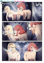 2girls all_fours blonde_hair bondage bound breasts completely_nude crying crying_with_eyes_open cum cum_eating cum_in_mouth cum_on_breasts cum_on_face cum_tube drinking_cum eating_cum female female_only femsub force_feeding gag large_breasts long_hair multiple_girls mythra nude nude_female open_mouth_gag pyra rape red_eyes red_hair restrained shocked short_hair small_pupils sweat the_dark_mangaka wide_eyed xenoblade_(series) xenoblade_chronicles_2 yellow_eyes