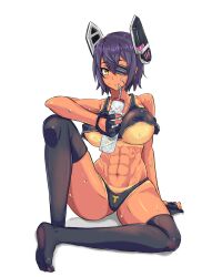 1girls abs breasts drink duo_kawa eyepatch female female_only hair_between_eyes hair_ornament huge_breasts kantai_collection muscular muscular_female short_hair simple_background sitting solo solo_female solo_focus sweat sweating tanned tanned_female tanned_girl tanned_skin tenryuu_(kantai_collection) tomboy white_background yellow_eyes