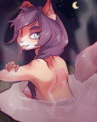 absurd_res alyx_(alyxalyx) anthro blue_eyes braided_hair breasts domestic_cat ear_piercing felid feline felis female hair hi_res hot_spring looking_at_viewer mammal moon nipples nude oksidkolbasy orange_eyes piercing solo tongue tongue_out tongue_piercing water