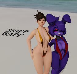 2girls 3d areolae artist_name ass beach blender_(software) blizzard_entertainment bonfie bonfie_(cryptia) bonnie_(cally3d) bonnie_(fnaf) breasts cally3d clazzey clothing crossover cryptiacurves curvaceous fazclaire's_nightclub female female_only five_nights_at_freddy's fnaf fredina's_nightclub gold_swimsuit hand_on_ass hand_on_hip large_breasts looking_at_viewer multiple_girls one-piece_swimsuit overwatch red_swimsuit sand scottgames sling_swimsuit smile snippwapp swimsuit thick_thighs thighs tracer voluptuous water