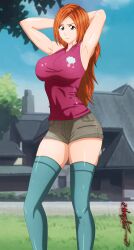1girls armpits arms_behind_head big_breasts bleach breasts brown_eyes busty covered_navel female female_only fully_clothed highres inoue_orihime large_breasts legs orange_hair pose sensual shorts smile solo solo_female thighs