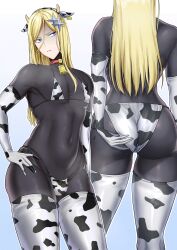 1boy 2022 alternate_version_available armwear ass big_ass bikini bikini_top blonde_hair blue_eyes blush bodystocking bulge cow_ears cow_horns cow_print cow_print_armwear cow_print_bikini cow_print_legwear crossdressing femboy flashy_flash full_bodystocking girly legwear long_hair male male_focus metm one-punch_man simple_background standing trap