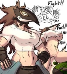 1boy 1girls big_breasts breasts brown_hair cleavage clothed clothed_sex clothing female female_focus female_penetrated fight hensket izuku_midoriya kendo_rappa long_hair mask masked masked_female midoriya_izuku muscular muscular_male my_hero_academia nipple_bulge nipple_slip nipples plague_doctor rappa_kendou ripped_clothing rule_63 sex thick_thighs thighhighs