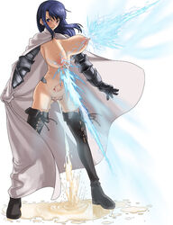 1girls 774_(nanashi) angry armor blue_eyes blue_hair blush boots breast_beam breasts cape cum cum_pool elbow_gloves electricity female gauntlets genital_piercing gloves griselle_cunt_tits huge_breasts lightning long_hair naked_cape naked_thighhighs nipples nude original peeing puddle pussy solo spread_pussy tattoo thigh_boots thighhighs uncensored vagina weaponized_breasts what white_background