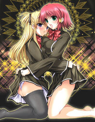 2girls ass ass_grab barefoot black_legwear black_thighhighs blonde_hair blue_eyes blush breast_press breasts clothes cum cum_in_mouth cum_on_tongue cum_string cum_trail fantasy_wind female green_eyes kneeling long_hair miniskirt multiple_girls panties pink_hair purple_eyes quiz_magic_academy red_hair ruquia school_uniform seifuku serafuku shalon shinano_yura short_hair skirt skirt_lift symmetrical_docking tears thighhighs underwear white_panties yuri