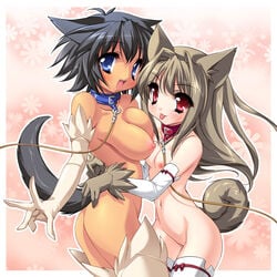 2girls animal_ear breasts collar dog_ear dog_tail elbow_gloves female female_only flat_chest gloves leash multiple_girls nipples no_bra no_panties original petite pussy sorimura_youji tail thighhighs uncensored