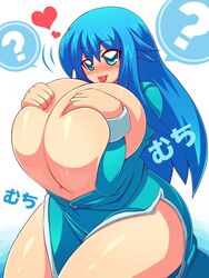 blue_eyes blue_hair blush breast_grab breasts cleavage clothing dress gigantic_breasts heart lion's raion-san smile source_request sylpheed thick_thighs thighs tongue zero_no_tsukaima