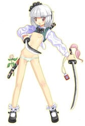 artist_request blouse blush bowtie breasts clothes color female female_only flat_chest footwear front_view grey_hair hair holding holding_sword katana lowleg lowleg_panties mary_janes open_clothes open_eyes open_shirt overhand_grip panties purple_eyes shirt shoes short_hair solo standing sword touhou underboob underwear weapon youmu_konpaku