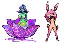 2girls alpha_channel animal_ears anthro breasts breeding_season female flower fur hair lagomorph mammal multiple_girls nipple_tassels nipples pink_fur pink_hair plant pussy rabbit rabbit_ears s-purple transparent_background