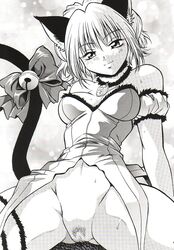 1girls animal_ears animal_humanoid arm_garter bedroom_eyes bell bottomless bow breasts cat_ears cat_tail choker doujin doujinshi female garters ichigo_momomiya jingle_bell jinglebell leotard magical_girl manabe_jouji mew_ichigo monochrome no_panties pubic_hair pussy scan seductive short_hair smile solo spread_legs sweat tail tail_bell tokyo_mew_mew uncensored