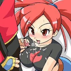 00s blush breasts brendan_(pokemon) brendan_(pokemon_rs) cum cum_in_mouth cum_on_black_clothes cum_on_clothes dark_penis erect_nipples facial female flannery_(pokemon) flannery_(pokemon_rse) gym_leader handjob human human_only impossible_clothes impossible_shirt konpeto light-skinned_female light_skin long_hair lowres male midriff nintendo oekaki penis pokemon pokemon_rse pokemon_trainer ponytail red_eyes red_hair shirt straight straight_hair uncensored