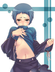 1girls blue_eyes blue_hair breasts chocho_police female navel pantyhose persona persona_3 shirt_lift short_hair solo tasaka_shinnosuke tears underboob yamagishi_fuuka