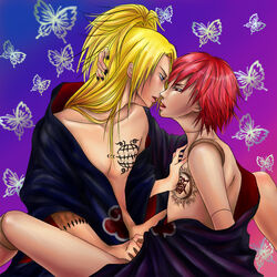 2boys akatsuki_(naruto) blonde_hair blonde_hair_on_red_hair blonde_hair_top butterfly deidara domination gay kissing light_hair_on_dark_hair male male_only naruto pixiv_(1336227) puppet red_hair red_hair_bottom sasori scar scars straight_hair tattoo uncensored yaoi