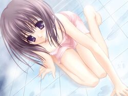 1girls bath dutch_angle erect_nipples female flat_chest game_cg jpeg_artifacts kneeling magical_tale naked_towel purple_eyes purple_hair short_hair shuna_(magical_tale) solo steam towel