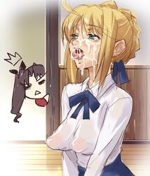 artoria_pendragon blonde_hair bukkake cum cum_in_mouth cum_on_face erect_nipples facial fate/stay_night fate_(series) female_focus green_eyes see-through sheer tongue tongue_out voyeurism