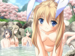 5girls ahoge animal_ear aruku bent_over black_hair blonde_hair blue_eyes blush breasts brown_hair bunny_ear censored cherry_blossoms dog_ear female female_only flat_chest forest game_cg green_hair himekawa_meiko himekawa_mia iwasaki_kouji jpeg_artifacts kitajima_sora large_breasts long_hair majipuri multicolored_hair multiple_girls nature nipples nude onsen outdoors partially_submerged petals pussy red_eyes sake sakura_tokino short_hair sky smile thigh_gap thighs towel two_tone_hair wet yaezaki_aruku